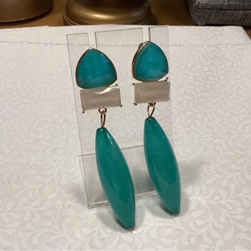 Teal Drop Statement Earrings with White Accent